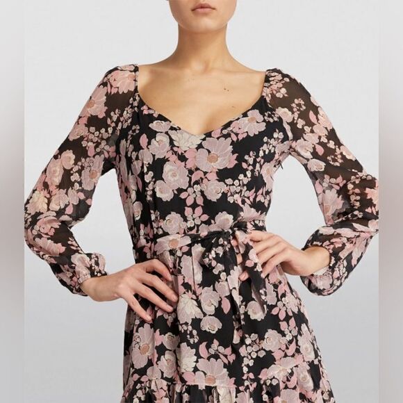 Paige Simi Mini Black Dress Floral Blouse Wrap Size L - Picture 5 of 13